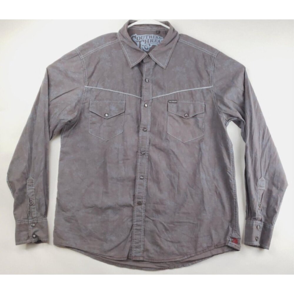 Southern Thread Western Pearl Snap Shirt Men Large Gray Floral Country Button-Up